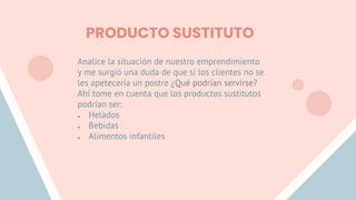 PRODUCTO SUSTITUTO
Analice la situación de nuestro emprendimiento
y me surgió una duda de que si los clientes no se
les apetecería un postre ¿Qué podrían servirse?
Ahí tome en cuenta que los productos sustitutos
podrían ser:
 Helados
 Bebidas
 Alimentos infantiles
 