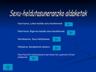 Sexu-heldutasuneranzko aldaketak Haurtzaroa. Lehen mailako sexu-karaktereak Pubertaroa. Bigarren mailako sexu-karaktereak Nerabezaroa. Sexu-heldutasuna Helduaroa. Garapenaren amaiera Haurtzarotik heldutasunera pertsona bat jasatzen dituen aldaketak 