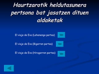 Haurtzarotik heldutasunera pertsona bat jasatzen dituen aldaketak El viaje de Eva (Lehenengo partea) El viaje de Eva (Bigarren partea) El viaje de Eva (Hirugarren partea) 