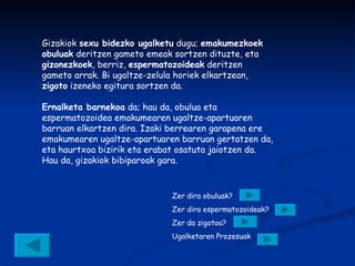Gizakiok  sexu bidezko ugalketu  dugu;  emakumezkoek obuluak  deritzen gameto emeak sortzen dituzte, eta  gizonezkoek , berriz,  espermatozoideak  deritzen gameto arrak. Bi ugaltze-zelula horiek elkartzean,  zigoto  izeneko egitura sortzen da. Ernalketa barnekoa  da; hau da, obulua eta espermatozoidea emakumearen ugaltze-apartuaren barruan elkartzen dira. Izaki berrearen garapena ere emakumearen ugaltze-apartuaren barruan gertatzen da, eta haurtxoa bizirik eta erabat osatuta jaiotzen da. Hau da, gizakiok bibiparoak gara. Zer dira obuluak? Zer dira espermatozoideak? Zer da zigotoa? Ugalketaren Prozesuak  