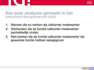 Een paar analyses gemaakt in het  Arbeidsmarkt GedragsOnderzoek (AGO) Mensen die nu werken als callcenter medewerker Werkenden die de functie callcenter medewerker aantrekkelijk vinden Niet-werken die de functie callcenter medewerker als gewenste functie hebben aangegeven 