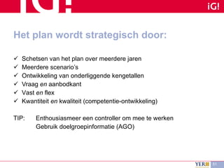 Het plan wordt strategisch door: Schetsen van het plan over meerdere jaren Meerdere scenario’s Ontwikkeling van onderliggende kengetallen Vraag  en  aanbodkant V ast  en  flex Kwantiteit  en  kwaliteit (competentie-ontwikkeling) TIP:  Enthousiasmeer een controller om mee te werken Gebruik doelgroepinformatie (AGO) 