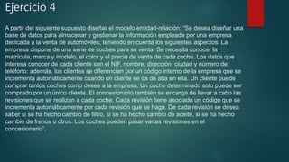 Ejercicio 4
A partir del siguiente supuesto diseñar el modelo entidad-relación: “Se desea diseñar una
base de datos para almacenar y gestionar la información empleada por una empresa
dedicada a la venta de automóviles, teniendo en cuenta los siguientes aspectos: La
empresa dispone de una serie de coches para su venta. Se necesita conocer la
matrícula, marca y modelo, el color y el precio de venta de cada coche. Los datos que
interesa conocer de cada cliente son el NIF, nombre, dirección, ciudad y número de
teléfono: además, los clientes se diferencian por un código interno de la empresa que se
incrementa automáticamente cuando un cliente se da de alta en ella. Un cliente puede
comprar tantos coches como desee a la empresa. Un coche determinado solo puede ser
comprado por un único cliente. El concesionario también se encarga de llevar a cabo las
revisiones que se realizan a cada coche. Cada revisión tiene asociado un código que se
incrementa automáticamente por cada revisión que se haga. De cada revisión se desea
saber si se ha hecho cambio de ﬁltro, si se ha hecho cambio de aceite, si se ha hecho
cambio de frenos u otros. Los coches pueden pasar varias revisiones en el
concesionario”.
 