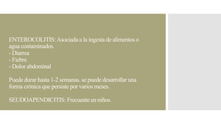ENTEROCOLITIS: Asociada a la ingesta de alimentos o
agua contaminados.
- Diarrea
- Fiebre
- Dolor abdominal
Puede durar hasta 1-2 semanas. se puede desarrollar una
forma crónica que persiste por varios meses.
SEUDOAPENDICITIS: Frecuente en niños.

 