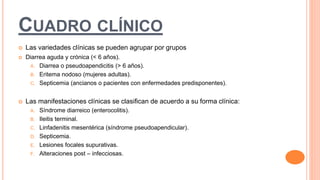 CUADRO CLÍNICO
 Las variedades clínicas se pueden agrupar por grupos
 Diarrea aguda y crónica (< 6 años).
A. Diarrea o pseudoapendicitis (> 6 años).
B. Eritema nodoso (mujeres adultas).
C. Septicemia (ancianos o pacientes con enfermedades predisponentes).
 Las manifestaciones clínicas se clasifican de acuerdo a su forma clínica:
A. Síndrome diarreico (enterocolitis).
B. Ileitis terminal.
C. Linfadenitis mesentérica (síndrome pseudoapendicular).
D. Septicemia.
E. Lesiones focales supurativas.
F. Alteraciones post – infecciosas.
 