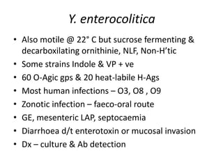 Y. enterocolitica
• Also motile @ 22° C but sucrose fermenting &
decarboxilating ornithinie, NLF, Non-H’tic
• Some strains Indole & VP + ve
• 60 O-Agic gps & 20 heat-labile H-Ags
• Most human infections – O3, O8 , O9
• Zonotic infection – faeco-oral route
• GE, mesenteric LAP, septocaemia
• Diarrhoea d/t enterotoxin or mucosal invasion
• Dx – culture & Ab detection
 