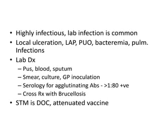 • Highly infectious, lab infection is common
• Local ulceration, LAP, PUO, bacteremia, pulm.
Infections
• Lab Dx
– Pus, blood, sputum
– Smear, culture, GP inoculation
– Serology for agglutinating Abs - >1:80 +ve
– Cross Rx with Brucellosis
• STM is DOC, attenuated vaccine
 