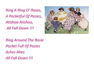 Ring A Ring O’ Roses,
A Pocketful Of Posies,
Atishoo Atishoo,
All Fall Down !!!
Ring Around The Rosie
Pocket Full Of Posies
Ashes Ahes
All Fall Down !!!
 