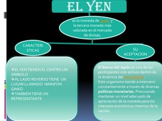 EL YEN
                              es la moneda de Japón y
                               la tercera moneda más
                              valorada en el mercado
                                      de divisas,

     CARACTERI
       STICAS                                                 SU
                                                          ACEPTACION


                                            El Banco del Japón es uno de los
EL YEN TIENEN EL CENTRO UN
                                            participantes más activos dentro de
SIMBOLO
                                            la dinámica del yen japonés.
AL LADO REVERSO TIENE UN
                                            Este organismo tiende a intervenir
LUGAR LLAMADO NINNPON
                                            constantemente a través de diversas
GINKO
                                            políticas monetarias. Procurando
TAMBIEN TIENE UN
                                            mantener un nivel adecuado de
REPRESENTANTE
                                            apreciación de la moneda para los
                                            intereses económicos internos de la
                                            nación.
 