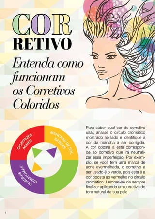 Entendacomo
funcionam
osCorretivos
Coloridos
Para saber qual cor de corretivo
usar, analise o círculo cromático
mostrado ao lado e identifique a
cor da mancha a ser corrigida.
A cor oposta a esta correspon-
de ao corretivo que irá neutrali-
zar essa imperfeição. Por exem-
plo, se você tem uma marca de
acne avermelhada, o corretivo a
ser usado é o verde, pois esta é a
cor oposta ao vermelho no círculo
cromático. Lembre-se de sempre
finalizar aplicando um corretivo do
tom natural da sua pele.
4
 