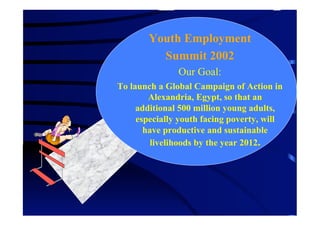 Youth Employment
          Summit 2002
               Our Goal:
To launch a Global Campaign of Action in
        Alexandria, Egypt, so that an
     additional 500 million young adults,
     especially youth facing poverty, will
       have productive and sustainable
         livelihoods by the year 2012.
 