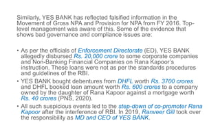 Similarly, YES BANK has reflected falsified information in the
Movement of Gross NPA and Provision for NPA from FY 2016. Top-
level management was aware of this. Some of the evidence that
shows bad governance and compliance issues are:
• As per the officials of Enforcement Directorate (ED), YES BANK
allegedly disbursed Rs. 20,000 crore to some corporate companies
and Non-Banking Financial Companies on Rana Kapoor’s
instruction. These loans were not as per the standards procedures
and guidelines of the RBI.
• YES BANK bought debentures from DHFL worth Rs. 3700 crores
and DHFL booked loan amount worth Rs. 600 crores to a company
owned by the daughter of Rana Kapoor against a mortgage worth
Rs. 40 crores (PNS, 2020).
• All such suspicious events led to the step-down of co-promoter Rana
Kapoor after the interference of RBI. In 2019, Ranveer Gill took over
the responsibility as MD and CEO of YES BANK.
 