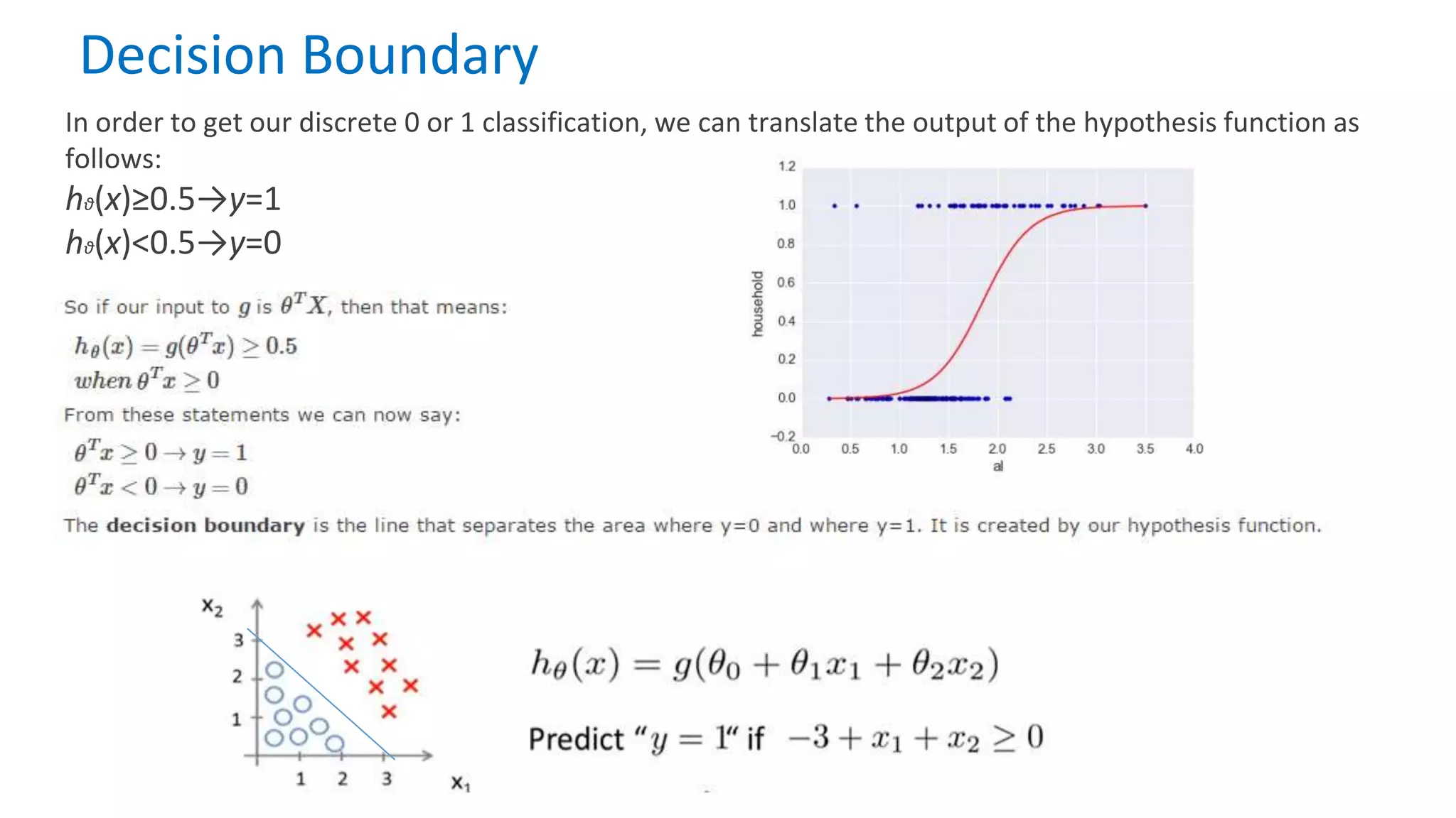 Decision Boundary
In order to get our discrete 0 or 1 classification, we can translate the output of the hypothesis function as
follows:
hθ(x)≥0.5→y=1
hθ(x)<0.5→y=0
 