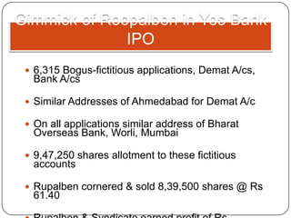 Gimmick of Roopalben in Yes Bank
IPO
 6,315 Bogus-fictitious applications, Demat A/cs,
Bank A/cs
 Similar Addresses of Ahmedabad for Demat A/c
 On all applications similar address of Bharat
Overseas Bank, Worli, Mumbai
 9,47,250 shares allotment to these fictitious
accounts
 Rupalben cornered & sold 8,39,500 shares @ Rs
61.40
 