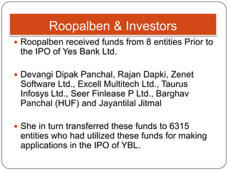 Roopalben & Investors
 Roopalben received funds from 8 entities Prior to
the IPO of Yes Bank Ltd.
 Devangi Dipak Panchal, Rajan Dapki, Zenet
Software Ltd., Excell Multitech Ltd., Taurus
Infosys Ltd., Seer Finlease P Ltd., Barghav
Panchal (HUF) and Jayantilal Jitmal
 She in turn transferred these funds to 6315
entities who had utilized these funds for making
applications in the IPO of YBL.
 