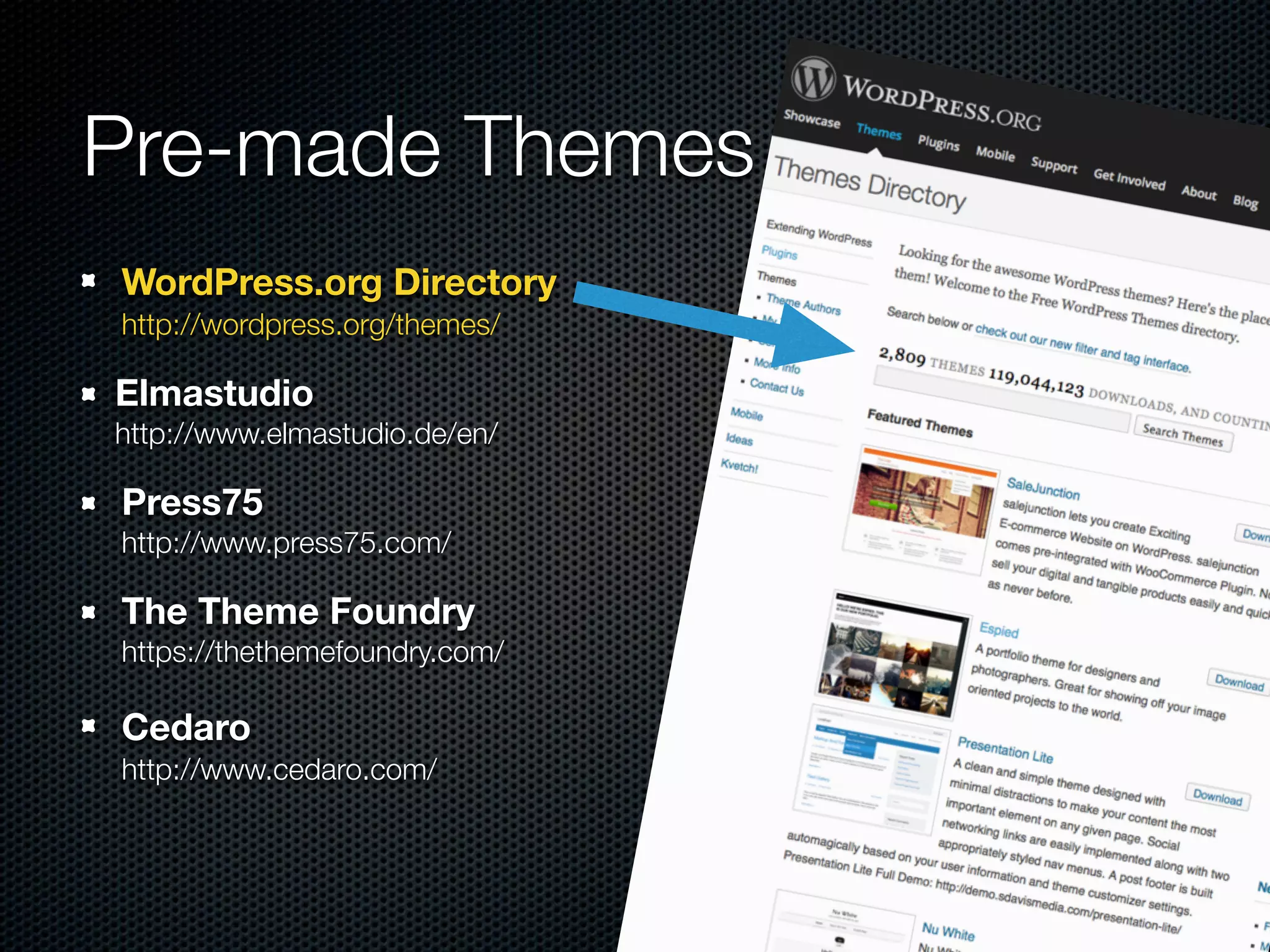 Pre-made Themes
WordPress.org Directory 
http://wordpress.org/themes/
Elmastudio 
http://www.elmastudio.de/en/
Press75 
http://www.press75.com/
The Theme Foundry 
https://thethemefoundry.com/
Cedaro 
http://www.cedaro.com/
 