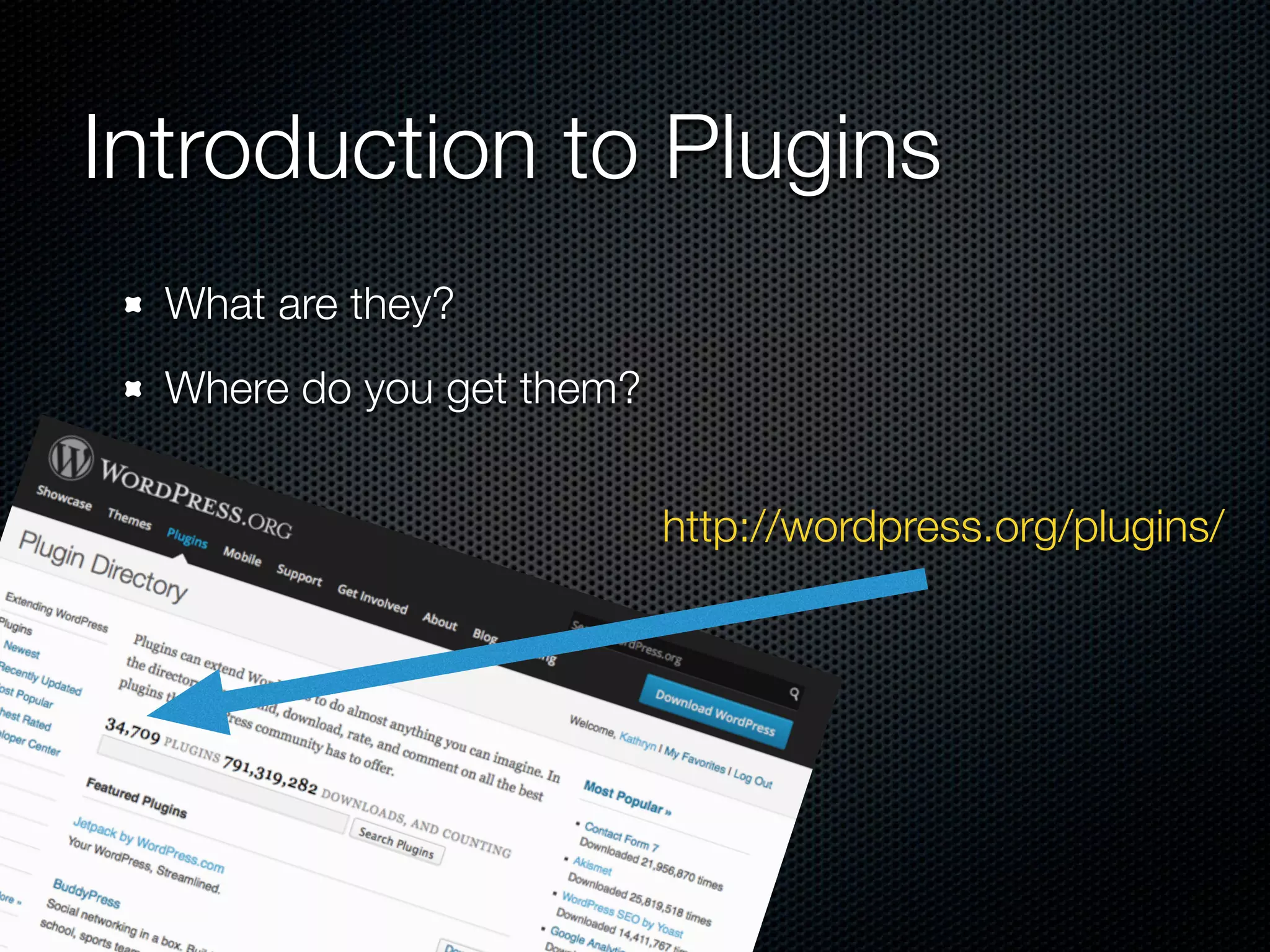 Introduction to Plugins
What are they?
Where do you get them?
http://wordpress.org/plugins/
 