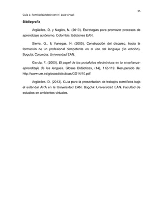 35
Guía 1: Familiarizándose con e l aula virtual
Bibliografía
Argüelles, D. y Nagles, N. (2013). Estrategias para promover procesos de
aprendizaje autónomo. Colombia: Ediciones EAN.
Sierra, G., & Vanegas, N. (2005). Construcción del discurso, hacia la
formación de un profesional competente en el uso del lenguaje (3a edición).
Bogotá, Colombia: Universidad EAN.
García, F. (2005). El papel de los portafolios electrónicos en la enseñanza-
aprendizaje de las lenguas. Glosas Didácticas, (14), 112-119. Recuperado de:
http://www.um.es/glosasdidacticas/GD14/10.pdf
Argüelles, D. (2013). Guía para la presentación de trabajos científicos bajo
el estándar APA en la Universidad EAN. Bogotá: Universidad EAN. Facultad de
estudios en ambientes virtuales.
 