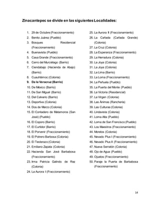 14
Zinacantepec se divide en las siguientesLocalidades:
1. 29 de Octubre (Fraccionamiento)
2. Benito Juárez (Pueblo)
3. Bosques Residencial
(Fraccionamiento)
4. Buenavista (Pueblo)
5. Casa Grande (Fraccionamiento)
6. Cerro del Murciélago (Barrio)
7. Ciendabajo (Hacienda de Abajo)
(Barrio)
8. Cuauhtémoc (Colonia)
9. De la Veracruz (Barrio)
10. De México (Barrio)
11. De San Miguel (Barrio)
12. Del Calvario (Barrio)
13. Deportiva (Colonia)
14. Dos de Marzo (Colonia)
15. El Contadero de Matamoros (San
José) (Pueblo)
16. El Coporo (Barrio)
17. El Curtidor (Barrio)
18. El Porvenir (Fraccionamiento)
19. El Potrero Barbosa (Colonia)
20. El Testerazo (Colonia)
21. Emiliano Zapata (Colonia)
22. Hacienda San José Barbabosa
(Fraccionamiento)
23. Irma Patricia Galindo de Rez
(Colonia)
24. La Aurora I (Fraccionamiento)
25. La Aurora II (Fraccionamiento)
26. La Cañada (Cañada Grande)
(Colonia)
27. La Cruz (Colonia)
28. La Esperanza (Fraccionamiento)
29. La Herradura (Colonia)
30. La Joya (Colonia)
31. La Joya (Colonia)
32. La Lima (Barrio)
33. La Loma (Fraccionamiento)
34. La Peñuela (Pueblo)
35. La Puerta del Monte (Pueblo)
36. La Victoria (Residencial)
37. La Virgen (Colonia)
38. Las Ánimas (Ranchería)
39. Las Culturas (Colonia)
40. Lindavista (Colonia)
41. Loma Alta (Pueblo)
42. Loma de San Francisco (Pueblo)
43. Los Maestros (Fraccionamiento)
44. Morelos (Colonia)
45. Nevado Plus I (Fraccionamiento)
46. Nevado Plus II (Fraccionamiento)
47. Nueva Serratón (Colonia)
48. Ojo de Agua (Pueblo)
49. Ojuelos (Fraccionamiento)
50. Paraje la Puerta de Barbabosa
(Fraccionamiento)
 