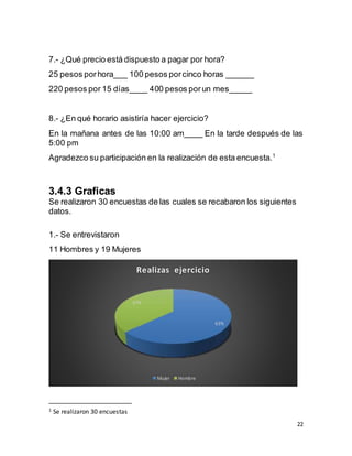 22
7.- ¿Qué precio está dispuesto a pagar por hora?
25 pesos porhora___ 100 pesos porcinco horas ______
220 pesos por 15 días____ 400 pesos porun mes_____
8.- ¿En qué horario asistiría hacer ejercicio?
En la mañana antes de las 10:00 am____ En la tarde después de las
5:00 pm
Agradezco su participación en la realización de esta encuesta.1
3.4.3 Graficas
Se realizaron 30 encuestas de las cuales se recabaron los siguientes
datos.
1.- Se entrevistaron
11 Hombres y 19 Mujeres
1 Se realizaron 30 encuestas
63%
37%
Realizas ejercicio
Mujer Hombre
 