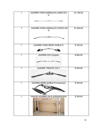50
1 AGARRE PARA DORSALES LARGO EN
D
$1,150.00
1 AGARRE PARA DORSALES CORTO EN
D
$1,000.00
1 AGARRE PARA REMO DOBLE D $ 750.00
1 AGARRE EN Z (bigote) $ 850.00
1 AGARRE TRICEPS EN V $ 550.00
1 AGARRE REMO DOBLE D (mariposa) $ 700.00
1 PAR DE AGARRE EN D (CROSSOVER) $ 700.00
 