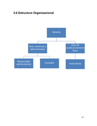 61
5.6 Estructura Organizacional
Gerente
Área comercial y
Administrativa
Responsable
administrativo
Contador
Área de
acodicionamiento
físico
Instructores
 