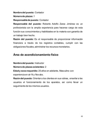 63
Nombre del puesto: Contador
Número de plazas:1
Responsablede puesto: Contador
Responsable del puesto: Roberto Adolfo Zarza Jiménez es un
profesionista con la amplia experiencia para hacerse cargo de esta
función sus conocimientos y habilidades en la materia son garantía de
un trabajo bien hecho.
Razón del puesto: Es el responsable de proporcionar información
financiera a través de los registros contables, cumplir con las
obligaciones fiscales,administrar los recursos monetarios.
Área de acondicionamiento físico
Nombre del puesto: Instructor
Número de plazas existentes: 2
Edad y sexo requerido: 25 años en adelante, Masculino con
experiencia en air fit y flex abs.
Razón del puesto: Orientar a los clientes en sus rutinas, enseñar a los
usuarios el funcionamiento de los aparatos, así como llevar un
seguimiento de los mismos usuarios.
 