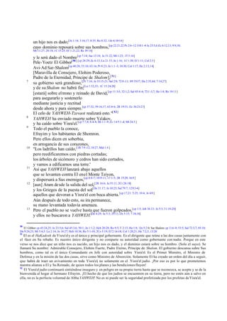 un hijo nos es dado;[Jn 1:14; 3:16,17; 8:35; Ro 8:32; 1Jn 4:10-14]
cuyo dominio reposará sobre sus hombros,[cp 22:21,22 Ps 2:6-12 110:1 -4 Je 23:5,6 Zc 6:12,13; 9:9,10;
Mt 11:27; 28:18; 1C 15:25; Ef 1:21,22; Re 19:16]

7

8
9

10

11

12

13

y le será dado el Nombre [cp 7:14; Jue 13:18; Je 31:22; Mt 1:23; 1T 3:16]
Pele-Yoetz El Gibbor[50] [cp 28:29; Zc 6:13; Lu 21:15; Jn 1:16; 1C 1:30; Ef 1:11; Col 2:3]
Avi-Ad Sar-Shalom[cp 40:28; 53:10; 63:16; Pr 8:23; Jn 1:1 -3; 10:30; Col 1:17; He 2:13,14]
[Maravilla de Consejero, Elohim Poderoso,
Padre de la Eternidad, Príncipe de Shalom],[ 51]
su gobierno será grandioso,[2S 7:16; Je 33:15-21; Sal 2:8; 72:8 -11; 89:35-37; Da 2:35,44; 7:14,27]
y de su Shalom no habrá fin;[Lu 1:32,33; 1C 15:24-28]
[estará] sobre el trono y reinado de David,[cp 11:3-5; 32:1,2; Sal 45:4-6; 72:1 -3,7; He 1:8; Re 19:11]
para asegurarlo y sostenerlo
mediante justicia y rectitud
desde ahora y para siempre.[cp 37:32; 59:16,17; 63:4-6; 2R 19:31; Ez 36:21-23]
El celo de YAHWEH-Tzevaot realizará esto. "[ 52]
YAHWEH ha enviado muerte sobre Ya'akov,
y ha caído sobre Yisra'el.[cp 7:7,8; 8:4-8; Mi 1:1 -9; Zc 1:6 5:1 -4; Mt 24:3 ]
Todo el pueblo la conoce,
Efrayim y los habitantes de Shomron.
Pero ellos dicen en soberbia,
en arrogancia de sus corazones,
"Los ladrillos han caído, [1R 7:9 -12; 10:27; Mal 1:4 ]
pero reedificaremos con piedras cortadas;
los árboles de sicómoro y cedros han sido cortados,
y vamos a edificarnos una torre.'
Así que YAHWEH lanzará abajo aquellos
que se levanten contra El en el Monte Tziyon,
y dispersará a Sus enemigos,[cp 8:4-7; 10:9-11; 17:1-5; 2R 15:29; 16:9 ]
[aun] Aram de sde la salida del sol,[2R 16:6; Je 35:11; 2Cr 28:18]
y los Griegos de la puesta del sol;[De 31:17; Je 10:25; Sal 79:7; 129:3-6]
aquellos que devoran a Yisra'el con boca abierta. [cp 17,21: 5:25; 10:4; Je 4:8 ]
Aún después de todo esto, su ira permanece,
su mano levantada todavía amenaza.
Pero el pueblo no se vuelve hasta que fueron golpeados,[cp 1:5; Job 36:13; Je 5:3; 31:18-20]
y ellos no buscaron a YAHWEH.[De 4:29; Je 5:3; 29:11; Os 5:15; 7:10,16]

50

El Gibbor cp 45:24,25; Je 23:5,6; Sal 45:3,6; 50:1; Jn 1:1,2; Hch 20:28; Ro 9:5; T 2:13; He 1:8; 1Jn 5:2 0; Sar Shalom cp 11:6 -9; 53:5; Sal 72:3,7; 85:10;
Da 9:24,25; Mi 5:4,5: Lu 2:14; Jn 14:27; Hch 10:36; Ro 5:1-10; 2Co 5:19; Ef 2:14-18; Col 1:20,21; He 7:2,3; 13:20
51

El es el HaKadosh de Yisra'el y es el único y principal gobernante. Es el dirigente que reúne a las dos casas juntamente con
el G en Su rebaño. Es nuestro único dirigente y no comparte su autoridad como gobernante con nadie. Porque en este
uer
verso se nos dice que un niño nos es nacido, un hijo nos es dado, y el dominio estará sobre su hombro. (Solo el suyo). Se
llamará Su nombre: Admirable Consejero, Elohim Fuerte, Padre Eterno, Príncipe de Shalom. El gobierno descansa sobre Sus
hombros, como tal es el único Comandante en Jefe con autoridad sobre Yisra'el. Es el Primer Ministro, el Ministro de
Defensa y en la misión de las dos casas, sirve como Ministro de Absorción. Solamente El ha creado un orden del día a seguir,
que habrá de traer un avivamiento en toda Yisra'el, no solamente en el Yisra'el judío. ¡Por eso es por lo que prometemos
nuestra alianza a El y Su Reinado, de quien todos los planes y las bendiciones fluyen!
52
El Yisra'el judío continuará sintiéndose inseguro y en peligro en su propia tierra hasta que se reconozca, se acepte y se de la
bienvenida al hogar al hermano Efrayim. ¡El hecho de que los judíos se encuentren en su tierra, pero no estén aún a salvo en
ella, no es la perfecta voluntad de Abba YAHWEH! No es ni puede ser la seguridad profetizada por los profetas de Yisra'el.

 