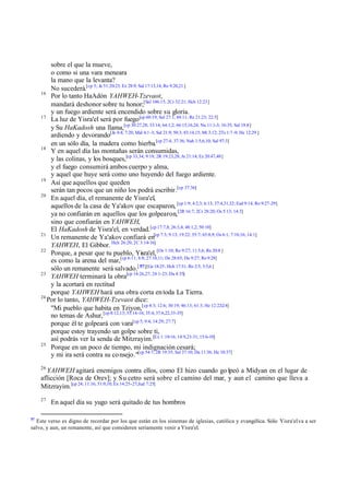 sobre el que la mueve,
o como si una vara meneara
la mano que la levanta?
No sucederá.[cp 5; Je 51:20-23; Ez 28:9; Sal 17:13,14; Ro 9:20,21 ]
16
Por lo tanto HaAdón YAHWEH-Tzevaot,
mandará deshonor sobre tu honor;[Sal 106:15; 2Cr 32:21; Hch 12:23]
y un fuego ardiente será encendido sobre su gloria.
17
La luz de Yisra'el será por fuego [cp 60:19; Sal 27:1; 84:11; Re 21:23; 22:5]
y Su HaKadosh una llama,[cp 30:27,28; 33:14; 64:1,2; 66:15,16,24; Nu 11:1-3; 16:35; Sal 18:8]
ardiendo y devorando[Je 4:4; 7:20; Mal 4:1 -3; Sal 21:9; 50:3; 83:14,15; Mt 3:12; 2Ts 1:7 -9; He 12:29 ]
en un sólo día, la madera como hierba.[cp 27:4; 37:36; Nah 1:5,6,10; Sal 97:3]
18
Y en aquel día las montañas serán consumidas,
y las colinas, y los bosques,[cp 33,34; 9:18; 2R 19:23,28; Je 21:14; Ez 20:47,48]
y el fuego consumirá ambos cuerpo y alma,
y aquel que huye será como uno huyendo del fuego ardiente.
19
Así que aquellos que queden
serán tan pocos que un niño los podrá escribir.[cp 37:36]
20
En aquel día, el remanente de Yisra'el,
aquellos de la casa de Ya'akov que escaparon, [cp 1:9; 4:2,3; 6:13; 37:4,31,32; Esd 9:14; Ro 9:27-29]
ya no confiarán en aquellos que los golpearon,[2R 16:7; 2Cr 28:20; Os 5:13; 14:3]
sino que confiarán en YAHWEH,
El HaKadosh de Yisra'el, en verdad.[cp 17:7,8; 26:3,4; 48:1,2; 50:10]
21
Un remanente de Ya'akov confiará en[cp 7:3; 9:13; 19:22; 55:7; 65:8,9; Os 6:1; 7:10,16; 14:1]
YAHWEH, El Gibbor. Hch 26:20; 2C 3:14-16]
22
Porque, a pesar que tu pueblo, Yisra'el, [Os 1:10; Ro 9:27; 11:5,6; Re 20:8 ]
es como la arena del mar,[cp 6:11; 8:8; 27:10,11; De 28:65; Da 9:27; Ro 9:28]
sólo un remanente será salvado.[ 57][Ge 18:25; Hch 17:31; Ro 2:5; 3:5,6 ]
23
YAHWEH terminará la obra[cp 14:26,27; 24:1-23; Da 4:35]
y la acortará en rectitud
porque YAHWEH hará una obra corta en toda La Tierra.
24
Por lo tanto, YAHWEH-Tzevaot dice:
"Mi pueblo que habita en Tziyon,[cp 4:3; 12:6; 30:19; 46:13; 61:3; He 12:22-24]
no temas de Ashur, [cp 8:12,13; 33:14-16; 35:4; 37:6,22,33-35]
porque él te golpeará con vara[cp 5; 9:4; 14:29; 27:7]
porque estoy trayendo un golpe sobre ti,
así podrás ver la senda de Mitzrayim.[Ex 1:10-16; 14:9,21-31; 15:6-10]
25
Porque en un poco de tiempo, mi indignación cesará;
y mi ira será contra su co nsejo."[cp 54:7; 2R 19:35; Sal 37:10; Da 11:36; He 10:37]
26

YAHWEH agitará enemigos contra ellos, como El hizo cuando go lpeó a Midyan en el lugar de
aflicción [Roca de Orev]; y Su cetro será sobre el camino del mar, y aun el camino que lleva a
Mitzrayim.[cp 24; 11:16; 51:9,10; Ex 14:25-27;Jud 7:25]
27

57

En aquel día su yugo será quitado de tus hombros

Este verso es digno de recordar por los que están en los sistemas de iglesias, católica y evangélica. Sólo Yisra'el va a ser
salvo, y aun, un remanente, así que consideren seriamente venir a Yisra'el.

 