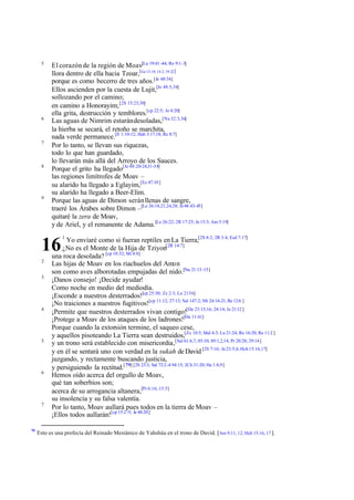 5

6

7

8

9

El corazón de la región de Moav[Lu 19:41 -44; Ro 9:1-3]
llora dentro de ella hacia Tzoar,[Ge 13:10; 14:2; 19 :22]
porque es como becerro de tres años.[Je 48:34]
Ellos ascienden por la cuesta de Lujit,[Je 48:5,34]
sollozando por el camino;
en camino a Honorayim; [2S 15:23,30]
ella grita, destrucción y temblores.[cp 22:5; Je 4:20]
Las aguas de Nimrim estarán desoladas,[Nu 32:3,36]
la hierba se secará, el retoño se marchita,
nada verde permanece.[Jl 1:10-12; Hab 3:17,18; Re 8:7]
Por lo tanto, se llevan sus riquezas,
todo lo que han guardado,
lo llevarán más allá del Arroyo de los Sauces.
Porque el grito ha llegado[Je 48:20-24,31-34]
las regiones limítrofes de Moav –
su alarido ha llegado a Eglayim,[Ez 47:10 ]
su alarido ha llegado a Beer-Elim.
Porque las aguas de Dimon serán llenas de sangre,
traeré los Árabes sobre Dimon –[Le 26:18,21,24,28; Je 48:43-45]
quitaré la zera de Moav,
y de Ariel, y el remanente de Adama.[Le 26:22; 2R 17:25; Je 15:3; Am 5:19]
Yo enviaré como si fueran reptiles en La Tierra,[2S 8:2; 2R 3:4; Esd 7:17]
¿No es el Monte de la Hija de Tziyon[2R 14:7]
una roca desolada? [cp 10:32; Mi 4:8]
Las hijas de Moav en los riachuelos del Amon
son como aves alborotadas empujadas del nido.[Nu 21:13 -15]
¡Danos consejo! ¡Decide ayudar!
Como noche en medio del mediodía.
¡Esconde a nuestros desterrados![cp 25:30; Zc 2:3; Lu 21:3 6]
¡No traiciones a nuestros fugitivos![cp 11:12; 27:13; Sal 147:2; Mt 24:16-21; Re 12:6 ]
¡Permite que nuestros desterrados vivan contigo![De 23:15,16; 24:14; Je 21:12 ]
¡Protege a Moav de los ataques de los ladrones![Da 11:41]
Porque cuando la extorsión termine, el saqueo cese,
y aquellos pisoteando La Tierra sean destruidos,[Zc 10:5; Mal 4:3; Lu 21:24; Ro 16:20; Re 11:2 ]
y un trono será establecido con misericordia,[Sal 61:6,7; 85:10; 89:1,2,14; Pr 20:28; 29:14]
y en él se sentará uno con verdad en la sukah de David [2S 7:16; Je 23:5,6; Hch 15:16,17]
juzgando, y rectamente buscando justicia,
y persiguiendo la rectitud.[ 79] [2S 23:3; Sal 72:2 -4 94:15; 2Ch 31:20; He 1:8,9]
Hemos oído acerca del orgullo de Moav,
qué tan soberbios son;
acerca de su arrogancia altanera,[Pr 6:16; 15:5]
su insolencia y su falsa valentía.
Por lo tanto, Moav aullará pues todos en la tierra de Moav –
¡Ellos todos aullarán![cp 15:2 -5; Je 48:20]

16
2
3

4

5

6

7

79

1

Esto es una profecía del Reinado Mesiánico de Yahshúa en el trono de David. [Am 9.11, 12; Hch 15.16, 17 ].

 