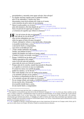 13

14

precipitándose y atacando como aguas salvajes, bien salvajes!
Sí, muchas naciones rugirán como el poderoso océano,
pero El las reprenderá, y huirán muy lejos,
ahuyentados como broza delante del viento en el monte,
como remolino de polvo antes de una tormenta.
Hacia la noche podrás ver el terror;[cp 10:28-32; 2R 19:3,35; Sal 37:36]
antes del amanecer, ellos han dejado de ser.[cp 8:20; 37:29; Sal 46:5; 59:16]
Esta es la porción de aquel que te saqueó,[cp 24:22; Je 2:3; 13:25; Ez 39:10; Hab 2:16,17; Sof 2:9,10]
y la herencia de aquellos que robaron tu herencia.[Zc 14:1 -2]
¡Ay de la tierra de alas revoloteando[ 83]
más allá de los ríos de Kush[84];[Sal 17:8; 36:7 57:1; 61:4 63:7; 91:4; Rut 2:12; Mt 23:37]
ellos envían embajadores por mar, [cp 30:2 -4; Ez 30:9]
sobre las aguas en botes de junco de papiro!
¡Vayan, mensajeros veloces, a una nación alta y bronceada,
a un pueblo temido lejos y cerca,[Ge 10:8,9; 2Cr 12:2 -4; 14:9; 16:8 ]
a una nación fuerte y conquistadora,
cuya tierra es dividida por ríos!
¡Todos ustedes habitantes del mundo,
ustedes, que habitan la tierra; [Je 22:29; Mi 6:2; Sal 49:1,2; 50:1 ]
cuando una bandera sea izada en el monte, miren!
¡Cuándo el shofar sea tocado, escuchen![Am 3:6-8; Mi 6:9; Zc 9:14; Mt 13:9,16]
Os 5:15; Sal 132:13,14]
Porque YAHWEH me ha dicho esto:[
"Habrá seguridad en Mi ciudad,[cp 7; 12:6; 14:32; 31:9; 46:13; Jl 3:17]
como la luz del calor del mediodía ,
como nube de rocío en el día de la cosecha."[2S 23:4; Sal 72:6 ]
Porque antes de la cosecha, cuando haya pasado la floración,
y el capullo se convierta en una uva madurando,
El cortará las ramas con cuchilla de podar,
podará las ramitas y se las llevará. [cp 17:11; Cnt 2:13,15; Ez 17:6 -10]
Ellas serán dejadas a las aves de rapiña en los montes
y los animales salvajes en los campos;[cp 14:19; 34:1-7; Je 7:33; 15:3 ]
los buitres se alimentarán de ellas en el verano,[Ez 32:4-6; 39:17 -20; Re 19:17,18]
y los animales salvajes del campo en el invierno. [85]
En ese tiempo tributo será traído a YAHWEH-Tzevaot[cp 16:1; 23:17,18; 45:14; 2Cr 32:23]
de una nación alta y bronceada,[Sof 3:10; Mal 1:11; Sal 68:29-31; 72:9-15; Mt 2:11; Hch 8:27,28]
de un pueblo temido lejos y cerca,
de una nación fuerte y conquistadora

18
2

3

4

5

6

7

83

1

Se refiere a la mosca tsetse del Alto Nilo, o a embarcaciones de vela.
Este capítulo es una profecía que data de los días de Hizkiyah /Ezequías (2R 19–20 ). La tierra que «hace sombras con las
alas» se refiere a langostas y probablemente ilustra los ejércitos de Kush/Etiopía. El rey Etíope escuchó que el gran ejército
Asirio marchaba hacia el sur, es decir hacia ellos. Envió mensajeros a las cabeceras del Nilo para pedir a las naciones
circunvecinas que formaran una alianza. A Yahudáh se le pidió lo mismo, pero Isaías dijo al mensajero que regresara a casa
porque Yahudáh solo necesitaba la ayuda de YAHWEH para repeler a los Asirios. Isaías profetizó que la destrucción de Asiria
ocurriría en el tiempo oportuno (37.21–28 ).
85
vv 4-6, YAHWEH le advierte a Hizkiyah/Ezequías que no tiene intenciones de intervenir en el ataque contra Asiria, por lo
que éste no debe aliarse con Etiopía. De hecho, Etiopía se encamina hacia un desastre.
84

 
