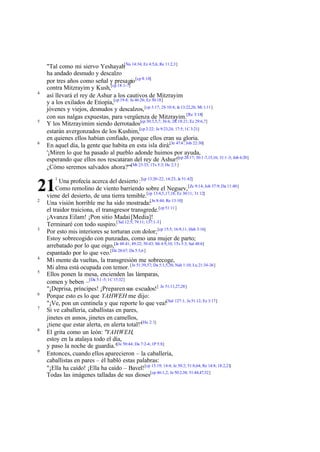 4

5

6

"Tal como mi siervo Yeshayah[Nu 14:34; Ez 4:5,6; Re 11:2,3]
ha andado desnudo y descalzo
por tres años como señal y presagio [cp 8:18]
contra Mitzrayim y Kush,[cp 18:1-7]
así llevará el rey de Ashur a los cautivos de Mitzrayim
y a los exilados de Etiopía,[cp 19:4; Je 46:26; Ez 30:18]
jóvenes y viejos, desnudos y descalzos, [cp 3:17; 2S 10:4; Je 13:22,26; Mi 1:11]
con sus nalgas expuestas, para vergüenza de Mitzrayim.[Re 3:18]
Y los Mitzrayimim siendo derrotados[cp 30:3,5,7; 36:6; 2R 18:21; Ez 29:6,7]
estarán avergonzados de los Kushim,[cp 2:22; Je 9:23,24; 17:5; 1C 3:21]
en quienes ellos habían confiado, porque ellos eran su gloria.
En aquel día, la gente que habita en esta isla dirá:[Je 47:4 ; Job 22:30]
'¡Miren lo que ha pasado al pueblo adonde huimos por ayuda,
esperando que ellos nos rescataran del rey de Ashur![cp 28:17; 30:1-7,15,16; 31:1 -3; Job 6:20]
¿Cómo seremos salvados ahora?'"[Mt 23:33; 1Ts 5:3; He 2:3 ]
1

Una profecía acerca del desierto : [cp 13:20-22; 14:23; Je 51:42]
Como remolino de viento barriendo sobre el Neguev, [Zc 9:14; Job 37:9; Da 11:40]
viene del desierto, de una tierra temible.[cp 13:4,5,17,18; Ez 30:11; 31:12]
Una visión horrible me ha sido mostrada:[Jn 8:44; Re 13:10]
el traidor traiciona, el transgresor transgrede.[cp 51:11]
¡Avanza Eilam! ¡Pon sitio Madai [Media]!
Terminaré con todo suspiro.[ Sal 12:5; 79:11; 137:1-3]
Por esto mis interiores se torturan con dolor; [cp 15:5; 16:9,11; Hab 3:16]
Estoy sobrecogido con punzadas, como una mujer de parto;
arrebatado por lo que oigo,[Je 48:41; 49:22; 50:43; Mi 4:9,10; 1Ts 5:3; Sal 48:6]
espantado por lo que veo.[De 28:67; Da 5:5,6 ]
Mi mente da vueltas, la transgresión me sobrecoge,
Mi alma está ocupada con temor. [Je 51:39,57; Da 5:1,5,30; Nah 1:10; Lu 21:34-36]
Ellos ponen la mesa, encienden las lámparas,
comen y beben –[Da 5:1 -5; 1C 15:32]
"¡Deprisa, príncipes! ¡Preparen sus escudos! [ Je 51:11,27,28]
Porque esto es lo que YAHWEH me dijo:
"¡Ve, pon un centinela y que reporte lo que vea![Sal 127:1; Je 51:12; Ez 3:17]
Si ve caballería, caballistas en pares,
jinetes en asnos, jinetes en camellos,
¡tiene que estar alerta, en alerta total!"[He 2:1]
El grita como un león: "YAHWEH,
estoy en la atalaya todo el día,
[Je
y paso la noche de guardia." 50:44; Da 7:2-4; 1P 5:8]
Entonces, cuando ellos aparecieron – la caballería,
caballistas en pares – él habló estas palabras:
"¡Ella ha caído! ¡Ella ha caído – Bavel! [cp 13:19; 14:4; Je 50:2; 51:8,64; Re 14:8; 18:2,21]
Todas las imágenes talladas de sus dioses[cp 46:1,2; Je 50:2,38; 51:44,47,52]

21
2

3

4
5

6
7

8

9

 