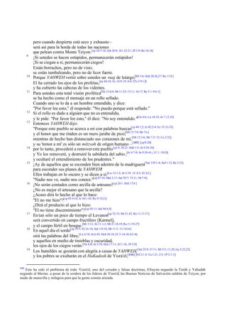 9

10

11

12
13

14

15

16

17

18

19

143

pero cuando despierta está seco y exhausto –
será así para la horda de todas las naciones
que pelean contra Monte Tziyon.[cp 10:7-16; Job 20:8; 2Cr 32:21; 2P 2:9; Re 18:14]
¡Si ustedes se hacen estúpidos, permanecerán estúpidos!
¡Si se ciegan a sí, permanecerán ciegos!
Están borrachos, pero no de vino;
se están tambaleando, pero no de licor fuerte.
Porque YAHWEH vertió sobre ustedes un ruaj de letargo;[Mi 3:6; Hch 28:26,27; Ro 11:8 ]
El ha cerrado los ojos de los profetas,[cp 44:18; Ez 14:9; 2C 4:4; 2Ts 2:9-12]
y ha cubierto las cabezas de los videntes.
Para ustedes esta total visión profética[Da 12:4,9; Mt 11:25; 13:11; 16:17; Re 5:1 -9 6:1]
se ha hecho como el mensaje en un rollo sellado.
Cuando uno se lo da a un hombre entendido, y dice:
"Por favor lee esto," él responde: "No puedo porque está sellado."
Si el rollo es dado a alguien que no es entendido,
y le pide: "Por favor lee esto," él dice: "No soy entendido."[Os 4:6; Lu 14:18; Jn 7:15,16]
Entonces YAHWEH dijo:
"Porque este pueblo se acerca a mí con palabras huecas[cp 48:1,2; Je 42:2-4; Ez 33:31-33]
y el honor que me rinden es un mero jarabe de pico;[Mt 15:7-9; Mr 7:6 ]
mientras de hecho han distanciado sus corazones de mí,[Mt 15:2-6; Mr 7:2+13; Co 2:22]
y su 'temor a mí' es sólo un mitzvah de origen humano –[143] [cp 8:20]
por lo tanto, procederé a remover este pueblo [cp 9; 28:21; Hab 1:5; Jn 9:29-34]
y Yo los removeré, y destruiré la sabiduría del sabio ,[Je 8:7 -9; Jn 9:39-41;; 1C 1:19-24]
y ocultaré el entendimiento de los prudentes."
¡Ay de aquellos que se esconden bien adentro de la madriguera[ Sal 139:1-8; Sof 1:12; Re 2:23]
para esconder sus planes de YAHWEH!
Ellos trabajan en lo oscuro y se dicen a sí:[Lu 12:1-3; Jn 3:19; 1C 4:5; 2C 4:2 ]
"Nadie nos ve, nadie nos conoce."[cp 47:10; Mal 2:17; Sal 59:7; 73:11; 94:7 -9]
¡No serán contados como arcilla de artesano![cp 24:1; Hch 17:6 ]
¿No es mejor el artesano que la arcilla?
¿Acaso dirá lo hecho al que lo hace:
"El no me hizo"?[cp 45:9,10; Je 18:1 -10; Ro 9:19,21]
¿Dirá el producto al que lo hizo:
"El no tiene discernimiento"? [cp 45:11; Sal 94:8,9]
En tan sólo un poco de tiempo el Levanon[cp 32:15; Mt 21:43; Ro 11:11-17]
será convertido en campo fructífero [Karmel],
y el campo fértil en bosque.[Mi 3:12; Zc 11:1,2; Mt 21:18,19; Ro 11:19-27]
En aquel día el sordo[cp 35:5; 42:16-18; Sal 119:18; Mt 11:5; 13:14-16]
oirá las palabras del libro,[Lu 4:18; Jn 6:45; Hch 26:18; 2C 3:14-18; 4:2 -6]
y aquellos en medio de tinieblas y oscuridad,
los ojos de los ciegos verán.[Ne 8:8; Jn 5:39; Hch 17:11; Ef 1:18; 1P 2:9]
Los humildes se gozarán con alegría a causa de YAHWEH,[ Sal 25:9; 37:11; Mt 5:5; 11:29; Ga 5:22,23]
y los pobres se exultarán en el HaKadosh de Yisra'el,[144] [Fil 2:1 -3; Ya 1:21; 2:5; 1P 2:1-3]

Este ha sido el problema de todo Yisra'el, uno del corazón y falsas doctrinas, Efrayim negando la Toráh y Yahudáh
negando al Mesías. a pesar de la sordera de los líderes de Yisra'el, las Buenas Noticias de Salvación saldrán de Tziyon, por
medo de maravilla y milagros para que la gente común atienda.

 