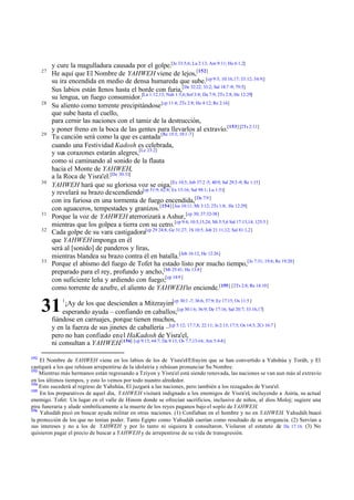 27

28

29

30

31
32

33

y cure la magulladura causada por el golpe.[Je 33:5,6; La 2:13; Am 9:11; He 6:1,2]
He aquí que El Nombre de YAHWEH viene de lejos,[152]
su ira encendida en medio de densa humareda que sube.[cp 9:5; 10:16,17; 33:12; 34:9;]
Sus labios están llenos hasta el borde con furia,[De 32:22; 33:2; Sal 18:7 -9; 79:5]
su lengua, un fuego consumidor.[La 1:12,13; Nah 1:5,6; Sof 3:8; Da 7:9; 2Ts 2:8; He 12:29]
Su aliento como torrente precipitándose [cp 11:4; 2Ts 2:8; He 4:12; Re 2:16]
que sube hasta el cuello,
para cernir las naciones con el tamiz de la destrucción,
y poner freno en la boca de las gentes para llevarlos al extravío.[153] [2Ts 2:11]
Tu canción será como la que es cantada [Re 15:3; 19:1 -7]
cuando una Festividad Kadosh es celebrada,
y sus corazones estarán alegres,[Le 23:2]
como si caminando al sonido de la flauta
hacia el Monte de YAHWEH,
a la Roca de Yisra'el.[De 30:31]
YAHWEH hará que su gloriosa voz se oiga,[Ez 10:5; Job 37:2 -5; 40:9; Sal 29:3 -9; Re 1:15]
y revelará su brazo descendiendo[cp 51:9; 62:8; Ex 15:16; Sal 98:1; Lu 1:51]
con ira furiosa en una tormenta de fuego encendida,[Da 7:9 ]
con aguaceros, tempestades y granizos. [154] [Jos 10:11; Mt 3:12; 2Ts 1:8; He 12:29]
Porque la voz de YAHWEH aterrorizará a Ashur, [cp 30; 37:32-38]
mientras que los golpea a tierra con su cetro. [cp 9:4; 10:5,15,24; Mi 5:5,6 Sal 17:13,14; 125:5 ]
Cada golpe de su vara castigadora[cp 29 24:8; Ge 31:27; 1S 10:5; Job 21:11,12; Sal 81:1,2]
que YAHWEH imponga en él
será al [sonido] de panderos y liras,
mientras blandea su brazo contra él en batalla.[Job 16:12; He 12:26]
Porque el abismo del fuego de Tofet ha estado listo por mucho tiempo,[Je 7:31; 19:6; Re 19:20]
preparado para el rey, profundo y ancho,[Mt 25:41; He 13:8]
con suficiente leña y ardiendo con fuego;[cp 14:9 ]
como torrente de azufre, el aliento de YAHWEH lo enciende.[155] [2Ts 2:8; Re 14:10]

31

¡Ay de los que descienden a Mitzrayim[cp 30:1 -7; 36:6; 57:9; Ez 17:15; Os 11:5 ]
esperando ayuda – confiando en caballos;[cp 30:1 6; 36:9; De 17:16; Sal 20:7; 33:16,17]
fiándose en carruajes, porque tienen muchos,
y en la fuerza de sus jinetes de caballería –[cp 5:12; 17:7,8; 22:11; Je 2:13; 17:5; Os 14:3; 2Cr 16:7 ]
pero no han confiado en el HaKadosh de Yisra'el,
ni consultan a YAHWEH.[156] [cp 9:13; 64:7; Da 9:13; Os 7:7,13-16; Am 5:4-8]

152

1

El Nombre de YAHWEH viene en los labios de los de Yisra'el/Efrayim que se han convertido a Yahshúa y Toráh, y El
castigará a los que rehúsan arrepentirse de la idolatría y rehúsan pronunciar Su Nombre.
153
Mientras más hermanos están regresando a Tziyon y Yisra'el está siendo renovada, las naciones se van aun más al extravío
en los últimos tiempos, y esto lo vemos por todo nuestro alrededor.
154
Esto sucederá al regreso de Yahshúa, El juzgará a las naciones, pero también a los rezagados de Yisra'el.
155
En los preparativos de aquel día, YAHWEH visitará indignado a los enemigos de Yisra'el, incluyendo a Asiria, su actual
enemigo. Tofet: Un lugar en el valle de Hinom donde se ofrecían sacrificios, inclusive de niños, al dios Moloj; sugiere una
pira funeraria y alude simbólicamente a la muerte de los reyes paganos bajo el soplo de YAHWEH.
156
Yahudáh pecó en buscar ayuda militar en otras naciones. (1) Confiaban en el hombre y no en YAHWEH. Yahudáh buscó
la protección de los que no tenían poder. Tanto Egipto como Yahudáh caerían como resultado de su arrogancia. (2) Servían a
sus intereses y no a los de YAHWEH y por lo tanto ni siquiera l consultaron. Violaron el estatuto de De 17.16. (3) No
e
quisieron pagar el precio de buscar a YAHWEH y de arrepentirse de su vida de transgresión.

 