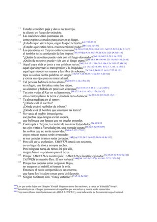 11
12
13
14

15

16

17
18

19

20

21

22
23

24

164

Ustedes conciben paja y dan a luz rastrojo,
tu aliento es fuego devorándote.
Las naciones serán quemadas en,
como espinos cortados para arder en el fuego.
¡Ustedes que viven lejos, oigan lo que he hecho![cp 37:20; 49:1]
¡Ustedes que están cerca, reconocerán mi poder![164] [Da 3:27-30]
Los pecadores en Tziyon están temerosos,[cp 28:14; 29:13; 30:8 -11 Job 18:11; Sal 53:5; Pr 28:1; Re 5:15-17]
el temblor se ha apoderado de los impíos.[Mt 24:50][cp 5:24; 30:27-33; De 5:24; 32:21-24; Sal 11:6]
"¿Quién de nosotros puede vivir con el fuego devorador?[Nah 1:6; Sal 21:9; 50:3; He 12:29]
¿Quién de nosotros puede vivir con el fuego eterno? [Mt 18:8; Mr 9:43-49; 2Ts 1:8; Re 14:10; 20:10]
Aquel cuya vida es justa y sus palabras rectas,[Sal 1:1-3; 15:1; 24:4; 26:1; 106:3; Ez 18:15-17; Mal 2:6 ]
aquel que aborrece la transgresión y la iniquidad,[Lu 1:6; 3:12-14; 19:8; Ro 2:7; T 2:11,12; 1Jn 3:7]
aquel que sacude sus manos y las libra de soborno,[Ex 23:6 -9; De 10:17; 16:19; 27:25; 1S 12:3]
tapa sus oídos contra palabras de sangre [1S 24:4-7; Job 31:29-31; Sal 26:4-6; Ef 5:11]
y cierra sus ojos para no mirar al mal.
Tal persona habitará en las alturas;[Sal 90:1 91:1 -10,14 Pr 1:33]
su refugio, una fortaleza entre los riscos,
su alimento y bebida en provisión continua.[Sal 34:10; 37:3; Mt 6:11; Lu 12:29-31]
Tus ojos verán al Rey en su hermosura, [Mt 17:2; Jn 1:14; 14:21; 17:24; 1Jn 3:2]
ellos contemplarán la tierra extendida en la distancia.[ Sal 31:8; 2C 4:18; He 11:13-15]
Tu alma meditará en el terror:
"¿Dónde está el escrib a?
¿Dónde está el recibidor de tributo ?
¿Dónde está el hombre que enumeró las torres?
No verás al pueblo intransigente,
ese pueblo cuya lengua es tan oscura,
que balbucea una lengua que no puedes entender.
Contempla a Tziyon, la ciudad de nuestras festividades;[Sal 48:12,13]
tus ojos verán a Yerushalayim, una morada segura,[De 12:5; Sal 78:68,69]
las sukkot que no serán removidas,[ Sal 46:5; 125:1; 128:5 ]
cuyas estacas nunca serán arrancadas
ni sus cuerdas tirantes serán cortadas.[165] [cp 37:33; 54:2; Ez 48:35; Mt 16:18; Re 3:12]
Pero allí en su esplendor, YAHWEH estará con nosotros,
en un lugar de ríos y arroyos anchos.
Pero ninguna barca de remos irá por allí,
ningún barco majestuoso pasará cerca.
Porque YAHWEH es nuestro juez, YAHWEH es nuestro legislador,[Ge 18:25; 2C 5:10; Ya 4:12]
YAHWEH es nuestro Rey. El nos salvará.[ 166][Sal 74:12; Je 23:5; Zc 9:9: Mt 1:21¨23; 25:31-34]
Porque tus cuerdas están colgando flojas,
no aseguran al mástil, ni tensan la vela.
Entonces el botín compartido es tan enorme,
que hasta los lisiados toman parte del despojo.
Ningún habitante dirá: "Estoy enfermo";[Ya 5:14; Re 2:22]

Los que están lejos son Efrayim Yisra'el dispersos entre las naciones, y cerca es Yahudáh Yisra'el.
Yerushalayim es el hogar permanente de aquellos que son salvos y nunca serán removidos.
166
Tres maravillosas manifestaciones de ABBA YAHWEH, y una indicación de Su naturaleza ejad/unidad.
165

 