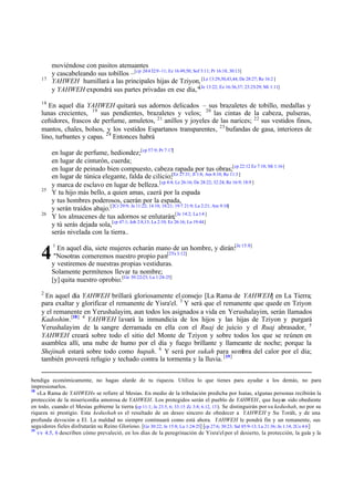 17

moviéndose con pasitos atenuantes
y cascabeleando sus tobillos –[cp 24:4 32:9 -11; Ez 16:49,50; Sof 3:11; Pr 16:18; 30:13]
YAHWEH humillará a las principales hijas de Tziyon, [Le 13:29,30,43,44; De 28:27; Re 16:2 ]
y YAHWEH expondrá sus partes privadas en ese día,"[Je 13:22; Ez 16:36,37; 23:25-29; Mi 1:11]

18

En aquel día YAHWEH quitará sus adornos delicados – sus brazaletes de tobillo, medallas y
lunas crecientes, 19 sus pendientes, brazaletes y velos; 20 las cintas de la cabeza, pulseras,
ceñidores, frascos de perfume, amuletos, 21 anillos y joyeles de las narices; 22 sus vestidos finos,
mantos, chales, bolsos, y los vestidos Espartanos transparentes, 23 bufandas de gasa, interiores de
lino, turbantes y capas. 24 Entonces habrá

25

26

4

en lugar de perfume, hediondez;[cp 57:9; Pr 7:17]
en lugar de cinturón, cuerda;
en lugar de peinado bien compuesto, cabeza rapada por tus obras;[cp 22:12 Ez 7:18; Mi 1:16]
en lugar de túnica elegante, falda de cilicio;[Ez 27:31; Jl 1:8; Am 8:10; Re 11:3 ]
y marca de esclavo en lugar de belleza. [cp 4:4; Le 26:16; De 28:22; 32:24; Re 16:9; 18:9 ]
Y tu hijo más bello, a quien amas, caerá por la espada
y tus hombres poderosos, caerán por la espada,
y serán traídos abajo.[2Cr 29:9; Je 11:22; 14:18; 18:21; 19:7 21:9; La 2:21; Am 9:10]
Y los almacenes de tus adornos se enlutarán;[Je 14:2; La 1:4 ]
y tú serás dejada sola,[cp 47:1; Job 2:8,13; La 2:10; Ez 26:16; Lu 19:44]
serás nivelada con la tierra..
1

En aquel día, siete mujeres echarán mano de un hombre, y dirán:[Je 15:8]
"Nosotras comeremos nuestro propio pan[2Ts 3:12]
y vestiremos de nuestras propias vestiduras.
Solamente permítenos llevar tu nombre;
[y] quita nuestro oprobio.[Ge 30:22-23; Lu 1:24-25]

2

En aquel día YAHWEH brillará gloriosamente el consejo [La Rama de YAHWEH] en La Tierra;
para exaltar y glorificar el remanente de Yisra'el. 3 Y será que el remanente que quede en Tziyon
y el remanente en Yerushalayim, aun todos los asignados a vida en Yerushalayim, serán llamados
Kadoshim.[18] 4 YAHWEH lavará la inmundicia de los hijos y las hijas de Tziyon y purgará
Yerushalayim de la sangre derramada en ella con el Ruaj de juicio y el Ruaj abrasador, 5
YAHWEH creará sobre todo el sitio del Monte de Tziyon y sobre todos los que se reúnen en
asamblea allí, una nube de humo por el día y fuego brillante y llameante de noche; porque la
Shejinah estará sobre todo como hupah. 6 Y será por sukah para sombra del calor por el día;
también proveerá refugio y techado contra la tormenta y la lluvia. [19]
bendiga económicamente, no hagas alarde de tu riqueza. Utiliza lo que tienes para ayudar a los demás, no para
impresionarlos.
18
«La Rama de YAHWEH» se refiere al Mesías. En medio de la tribulación predicha por Isaías, algunas personas recibirán la
protección de la misericordia amorosa de YAHWEH. Los protegidos serán el pueblo de YAHWEH , que hayan sido obediente
en todo, cuando el Mesías gobierne la tierra (cp 11:1; Je 23.5, 6; 33:15 Zc 3:8; 6.12, 13 ). Se distinguirán por su kedushah, no por su
riqueza ni prestigio. Esta kedushah es el resultado de un deseo sincero de obedecer a YAHWEH y Su Toráh, y de una
profunda devoción a El. La maldad no siempre continuará como está ahora. YAHWEH le pondrá fin y un remanente, sus
seguidores fieles disfrutarán su Reino Glorioso. [Ge 30:22; Je 15:8; Lu 1:24-25] [cp 27:6; 30:23; Sal 85:9-13; Lu 21:36; Jn 1:14; 2Co 4:6 ]
19
vv 4.5, 6 describen cómo prevaleció, en los días de la peregrinación de Yisra'el por el desierto, la protección, la guía y la

 
