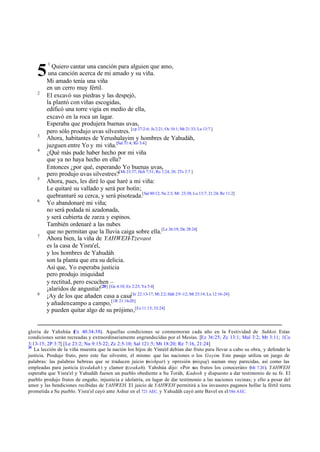 5
2

3
4

5

6

7

8

1

Quiero cantar una canción para alguien que amo,
una canción acerca de mi amado y su viña.
Mi amado tenía una viña
en un cerro muy fértil.
El excavó sus piedras y las despejó,
la plantó con viñas escogidas,
edificó una torre vigía en medio de ella,
excavó en la roca un lagar.
Esperaba que produjera buenas uvas,
pero sólo produjo uvas silvestres. [cp 27:2-6; Je 2:21; Os 10:1; Mt 21:33; Lu 13:7 ]
Ahora, habitantes de Yerushalayim y hombres de Yahudáh,
juzguen entre Yo y mi viña.[Sal 51:4; Ro 3:4]
¿Qué más pude haber hecho por mi viña
que ya no haya hecho en ella?
Entonces ¿por qué, esperando Yo buenas uvas,
pero produjo uvas silvestres?[Mt 23:37; Hch 7:51; Ro 1:24, 28; 2Ts 2:7 ]
Ahora, pues, les diré lo que haré a mi viña:
Le quitaré su vallado y será por botín;
quebrantaré su cerca, y será pisoteada.[Sal 80:12; Ne 2:3; Mt 23:38; Lu 13:7; 21:24; Re 11:2]
Yo abandonaré mi viña;
no será podada ni azadonada,
y será cubierta de zarza y espinos.
También ordenaré a las nubes
que no permitan que la lluvia caiga sobre ella.[Le 26:19; De 28:24]
Ahora bien, la viña de YAHWEH-Tzevaot
es la casa de Yisra'el,
y los hombres de Yahudáh
son la planta que era su delicia.
Así que, Yo esperaba justicia
pero produjo iniquidad
y rectitud, pero escuchen –
¡alaridos de angustia![20] [Ge 4:10; Ex 2:23; Ya 5:4]
¡Ay de los que añaden casa a casa[Je 22:13-17; Mi 2:2; Hab 2:9 -12; Mt 23:14; Lu 12:16-24]
y añaden campo a campo,[1R 21:16-20]
y pueden quitar algo de su prójimo,[Ez 11:15; 33:24]

gloria de Yahshúa ( x 40.34-38). Aquellas condiciones se conmemoran cada año en la Festividad de Sukkot. Estas
E
condiciones serán recreadas y extraordinariamente engrandecidas por el Mesías. [Ez 36:25; Zc 13:1; Mal 3:2; Mt 3:11; 1Co
3:13-15; 2P 3:7] [Le 23:2; Nu 9:15-22; Zc 2:5-10; Sal 121:5; Mt 18:20; Re 7:16, 21:24]
20
La lección de la viña muestra que la nación los hijos de Yisra'el debían dar fruto para llevar a cabo su obra, y defender la
justicia. Produjo fruto, pero este fue silvestre, el mismo que las naciones o los Goyim. Este pasaje utiliza un juego de
palabras: las palabras hebreas que se traducen juicio (
mishpat) y opresión (mispaj) suenan muy parecidas, así como las
empleadas para justicia (tzedakah ) y clamor (tzeakah). Yahshúa dijo: «Por sus frutos los conocerán» (Mt 7.20 ). YAHWEH
esperaba que Yisra'el y Yahudáh fuesen un pueblo obediente a Su Toráh, Kadosh y dispuesto a dar testimonio de su fe. El
pueblo produjo frutos de engaño, injusticia e idolatría, en lugar de dar testimonio a las naciones vecinas; y ello a pesar del
amor y las bendiciones recibidas de YAHWEH. El juicio de YAHWEH permitirá a los invasores paganos hollar la fértil tierra
prometida a Su pueblo. Yisra'el cayó ante Ashur en el 721 AEC. y Yahudáh cayó ante Bavel en el 586 A EC.

 
