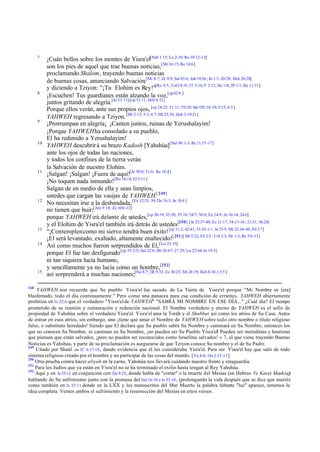 7

8

9

10

11

12

13
14

15

248

¡Cuán bellos sobre los montes de Yisra'el[Nah 1:15; Lu 2:10; Ro 10:12-15]
son los pies de aquel que trae buenas noticias,[Mr 16:15; Re 14:6]
proclamando Shalom, trayendo buenas noticias
de buenas cosas, anunciando Salvación,[Mi 4:7; Zc 9:9; Sal 45:6; Job 19:26 ; Jn 1:1; 20:28; Hch 20:28]
y diciendo a Tziyon: "¡Tu Elohim es Rey!"[Ro 9:5; Col 2:8 -9; 1T 3:16; T 2:13; He 1:8; 2P 1:1; Re 11:15]
¡Escuchen! Tus guardianes están alzando la voz,[cp 62:6 ]
juntos gritando de alegría.[Je 33:11] [cp 51:11; Hch 4:32]
Porque ellos verán, ante sus propios ojos, [cp 24:23; 51:11; 59:20; Sal 102:16; Os 5:15; 6:3 ]
YAHWEH regresando a Tziyon. [Mi 2:13; 5:3; 4:7; Mt 23:39; Hch 3:19-21]
¡Prorrumpan en alegría¡ ¡Canten juntos, ruinas de Yerushalayim!
¡Porque YAHWEH ha consolado a su pueblo,
El ha redimido a Yerushalayim!
YAHWEH descubrir á su brazo Kadosh [Yahshúa] [Sal 98:1-3; Re 11:15 -17]
ante los ojos de todas las naciones,
y todos los confines de la tierra verán
la Salvación de nuestro Elohim.
¡Salgan! ¡Salgan! ¡Fuera de aquí![Je 50:8; 51:6; Re 18:4]
¡No toquen nada inmundo![Ro 14:14; Ef 5:11 ]
Salgan de en medio de ella y sean limpios,
ustedes que cargan las vasijas de YAHWEH.[ 249]
No necesitan irse a la desbandada, [Ex 12:33, 39; De 16:3; Jn 10:4 ]
no tienen que huir;[Am 9:14; Zc 10:6 -12]
porque YAHWEH irá delante de ustedes,[cp 30:19; 33:20; 35:10; 54:7; 56:8; Ex 14:9; Je 16:14; 24:6]
y el Elohim de Yisra'el también irá detrás de ustedes[250].[Je 32:37-40; Ez 11:17; 34:13-16; 23:31; 36:24]
"¡Contemplen como mi siervo tendrá buen éxito! [cp 11:2; 42:41; 53:10 -11; Je 23:5; Mt 22:34-40; Fil 2:7]
¡El será levantado, exaltado, altamente enaltecido![ 251][ Mt 5:22; Fil 2:5 ; Col 2:3; He 1:3; Re 5:6-13]
Así como muchos fueron sorprendidos de El, [Lu 23:35]
porque El fue tan desfigurado [cp 53:2-5; Sal 22:6; Mt 26:67; 27:29; Lu 22:64; Jn 19:5]
ni tan siquiera lucía humano,
y sencillamente ya no lucía como un hombre,[252]
así sorprenderá a muchas naciones;[Nu 8:7; 2R 9:33; Ez 36:25; Mt 28:19; Hch 8:36; t 3:5 ]

YAHWEH nos recuerda que Su pueblo Yisra'el fue sacado de La Tierra de Yisra'el porque "Mi Nombre es [era]
blasfemado, todo el día continuamente." Pero como una panacea para esa condición de errantes, YAHWEH abiertamente
profetiza en Is 52:6 que el verdadero "Yisra'el de YAHWEH" "SABRÁ MI NOMBRE EN ESE DÍA..." ¿Cuál día? El tiempo
prometido de su reunión y restauración y redención nacional. El Nombre verdadero y eterno de YAHWEH es el sello de
propiedad de Yahshúa sobre el verdadero Yisra'el. Yisra'el ama la Toráh y el Shabbat así como los atrios de Su Casa. Antes
de entrar en esos atrios, sin embargo, uno ¡tiene que amar el Nombre de YAHWEH sobre tod o otro nombre o título religioso
falso, o substituto heredado! Siendo que El declara que Su pueblo sabrá Su Nombre y caminará en Su Nombre, entonces los
que no conocen Su Nombre, ni caminan en Su Nombre, ¡no pueden ser Su Pueblo Yisra'el Pueden ser metodistas y bautistas
!
que piensan que están salvados, ¡pero no pueden ser reconocidos como Israelitas salvados! v 7, el que viene trayendo Buenas
Noticias es Yahshúa, y parte de su proclamación es asegurarse de que Tziyon conoce Su nombre y el de Su Padre.
249
Citado por Shaúl en 2C 6:17-18 , dando evidencia que él los consideraba Yisra'el. Para ser Yisra'el hay que salir de todo
sistema religioso creado por el hombre y no participar de las cosas del mundo. [ Ya 4:4; 1Jn 2:15-17 ]
250
Otra prueba contra hacer aliyah en la carne, Yahshúa nos llevará cuidando nuestro frente y retaguardia.
251
Para los Judíos que ya están en Yisra'el no se ha terminado el exilio hasta tengan al Rey Yahshúa.
252
Aquí y en Is 53:12 en conjunción con Da 9:25, donde habla de "cortar" o la muerte del Mesías (en Hebreo Ye Karet Mashíaj)
hablando de Su sufrimiento junto con la promesa del Sal 16:10 e Is 53:10 , (prolongando la vida después que se dice que murió)
como también en Is 53:11 donde en la LXX y los manuscritos del Mar Muerto la palabra faltante "luz" aparece, tenemos la
idea completa. Vemos ambos el sufrimiento y la resurrección del Mesías en estos versos.

 