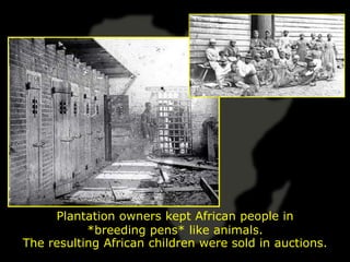 Plantation owners kept African people in
           *breeding pens* like animals.
The resulting African children were sold in auctions.
 