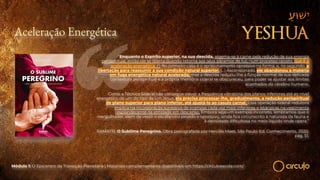 Aceleração Energética
“Enquanto o Espírito superior, na sua descida, algema-se à carne pela redução de sua energia
perispiritual, então ele se liberta quando retorna aos seus páramos de luz, num processo oposto, que é a
aceleração energética. (!) No primeiro caso é o aprisionamento opressivo na forma, e, no segundo, a
libertação para reassumir a sua condição natural superior. (…) Ascensionado, ele abandonou a matéria
em fuga energética natural acelerada; mas a descida reduziu-lhe a função normal de sua delicada
contextura perispiritual e a própria memória sideral se obscureceu, para poder se ajustar aos limites
acanhados do cérebro humano.
Como a Técnica Sideral não consegue elevar a frequência vibratória dos planos inferiores até ao nível
energético de um do tipo de um Jesus, ela precisa processar-lhe, gradualmente, a redução perispiritual
de plano superior para plano inferior, até ajustá-lo ao casulo carnal. Essa operação sideral redutora
implica na incorporação sucessiva de energias cada vez mais inferiores e letárgicas na vestimenta
resplandecente da entidade em descenso. Embora seja um exemplo incorreto, lembramos que o
mergulhador, além de vestir o escafandro pesado e opressivo, ainda fica circunscrito à natureza da fauna e
à densidade dificultosa no meio líquido onde opera.”
RAMATÍS. O Sublime Peregrino. Obra psicografada por Hercílio Maes. São Paulo: Ed. Conhecimento, 2020,
pág. 51.
Módulo 1: O Epicentro da Transição Planetária | Materiais complementares disponíveis em https://circuloescola.com/
 