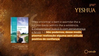 Xavier, Francisco Cândido /
Emmanuel. Pensamento e Vida.
Federação Espírita Brasileira,
Brasília, 2016, p. 27.
“Para encontrar o bem e assimilar-lhe a
luz, não basta admitir-lhe a existência.
É indispensável buscá-lo com perseverança
e fervor. (...) Não podemos, desse modo,
plasmar realização alguma sem atitude
positiva de conﬁança.”
 