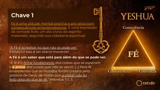 Chave 1
Fé é uma atitude mental positiva e pró-ativa com
consequências empreendedoras. É uma expressão
da vontade livre, um ato cívico do espírito
materado, segundo sua cidadania espiritual.
"A Fé é acreditar no que não se pode ver"
ERRADO! Isso é ser otário! Inocente!
A Fé é um saber que está para além do que se pode ver.
"A fé é o ﬁrme fundamento das coisas que se esperam
e a prova das coisas que não se veem. (...) Pela fé
entendemos que os mundos foram criados pela
palavra de Deus; de modo que o visível não foi
feito daquilo que se vê.” Hebreus 11:1, 3.
 