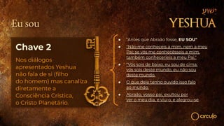 Chave 2
Nos diálogos
apresentados Yeshua
não fala de si (ﬁlho
do homem) mas canaliza
diretamente a
Consciência Crística,
o Cristo Planetário.
● "Antes que Abraão fosse, EU SOU"
● "Não me conheceis a mim, nem a meu
Pai; se vós me conhecêsseis a mim,
também conheceríeis a meu Pai."
● "Vós sois de baixo, eu sou de cima;
vós sois deste mundo, eu não sou
deste mundo.
● O que dele tenho ouvido isso falo
ao mundo.
● Abraão, vosso pai, exultou por
ver o meu dia, e viu-o, e alegrou-se.
Eu sou
 