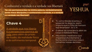 Chave 4
A verdade que nos liberta
é a perspectiva cósmica da
vida, para além da prisão
da ilusão, da realidade física
e do sofrimento temporal.
● "E, como Moisés levantou a
serpente no deserto, assim
importa que o Filho do homem
seja levantado". Jo 3, 14
● O elevar da consciência além do
corpo e realidade física.
● Movimento meditativo que
impacta profundamente a
forma como vivemos a vida e
tomamos nossas decisões.
Conhecerei a verdade e a verdade vos libertará
"Se vós permanecerdes na minha palavra, verdadeiramente
sereis meus discípulos; e conhecereis a verdade, e a verdade
e a verdade vos libertará".
 
