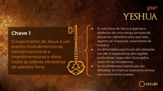 Chave 1
O nascimento de Jesus é um
evento multidimensional,
transdimensional e
interdimensional e afeta
todas as esferas vibratórias
do planeta Terra.
● A vida física de Jesus é apenas o
desfecho de uma longa jornada de
descenso vibratório para que este
espírito se revestisse novamente de
matéria.
● As dimensões espirituais são afetadas
por ele: A expectativa das regiões
umbralinas, segundo o Evangelho
Apócrifo de Nicodemos.
● Se as dimensões espirituais são
afetadas, os místicos (exoconscientes)
são os primeiros a saber.
 