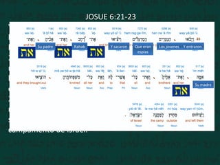 JOSUE 6:21-23
Y destruyeron a filo de espada todo lo que en la ciudad
había; hombres y mujeres, jóvenes y viejos, hasta los
bueyes, las ovejas, y los asnos.
22 Mas Josué dijo a los dos hombres que habían
reconocido la tierra: Entrad en casa de la mujer ramera, y
haced salir de allí a la mujer y a todo lo que fuere suyo,
como lo jurasteis.
23 Y los espías entraron y sacaron a Rahab, a su padre, a su
madre, a sus hermanos y todo lo que era suyo; y también
sacaron a toda su parentela, y los pusieron fuera del
campamento de Israel.
Y entraronLos jovenesQue eran
espias
Y sacaronRahabSu padre
Su madre
 