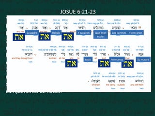 JOSUE 6:21-23
Y destruyeron a filo de espada todo lo que en la ciudad
había; hombres y mujeres, jóvenes y viejos, hasta los
bueyes, las ovejas, y los asnos.
22 Mas Josué dijo a los dos hombres que habían
reconocido la tierra: Entrad en casa de la mujer ramera, y
haced salir de allí a la mujer y a todo lo que fuere suyo,
como lo jurasteis.
23 Y los espías entraron y sacaron a Rahab, a su padre, a su
madre, a sus hermanos y todo lo que era suyo; y también
sacaron a toda su parentela, y los pusieron fuera del
campamento de Israel.
Y entraronLos jovenesQue eran
espias
Y sacaronRahabSu padre
Su madrehermanostodo
 