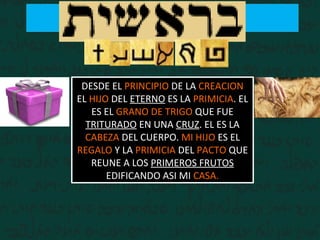 DESDE EL PRINCIPIO DE LA CREACION
EL HIJO DEL ETERNO ES LA PRIMICIA. EL
ES EL GRANO DE TRIGO QUE FUE
TRITURADO EN UNA CRUZ. EL ES LA
CABEZA DEL CUERPO. MI HIJO ES EL
REGALO Y LA PRIMICIA DEL PACTO QUE
REUNE A LOS PRIMEROS FRUTOS
EDIFICANDO ASI MI CASA.
 