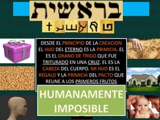 DESDE EL PRINCIPIO DE LA CREACION
EL HIJO DEL ETERNO ES LA PRIMICIA. EL
ES EL GRANO DE TRIGO QUE FUE
TRITURADO EN UNA CRUZ. EL ES LA
CABEZA DEL CUERPO. MI HIJO ES EL
REGALO Y LA PRIMICIA DEL PACTO QUE
REUNE A LOS PRIMEROS FRUTOS
EDIFICANDO ASI MI CASA.
HUMANAMENTE
IMPOSIBLE
 