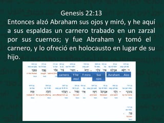 Genesis 22:13
Entonces alzó Abraham sus ojos y miró, y he aquí
a sus espaldas un carnero trabado en un zarzal
por sus cuernos; y fue Abraham y tomó el
carnero, y lo ofreció en holocausto en lugar de su
hijo.
AlzoAvrahamSus
ojos
Y miroY he
aquí
carnero
 